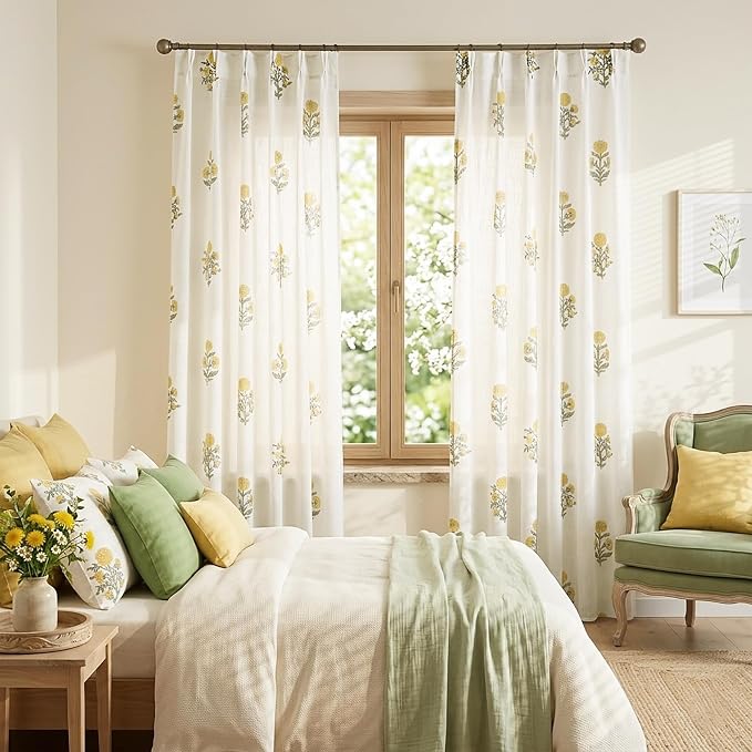 Spring Cute Colorful Floral Curtains for Living Room, 96 Inch Yellow and White Wildflower Design Semi Sheer Linen Pinch Pleated Drapes, Vintage Cottage Country Pattern Window Treatments, 2 Panels