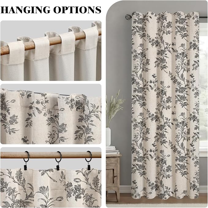 Black Floral 100% Blackout Curtains for Bedroom 84 Inch Length 2 Panels Set, Linen Texture Farmhouse Curtains for Living Room