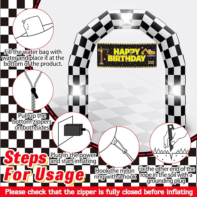 8FT Black and White Checkered Outdoor Race Car Inflatable Arch | Blow Up Racing Party Decoration with 3 Banners Built-in 3 LED Lights for Race Car Themed Birthday Party Lawn Yard Decor