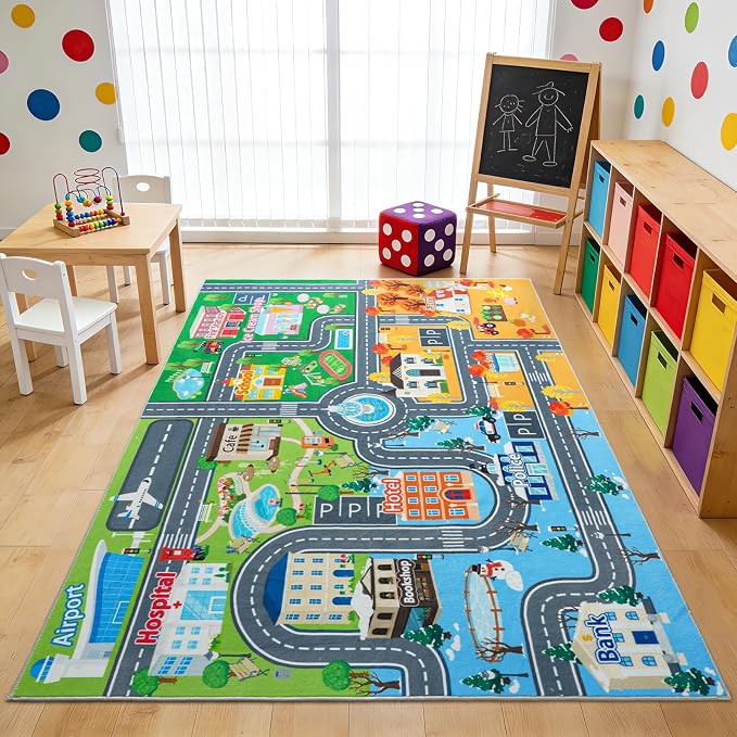 Car Rug for Kids Toy Cars, Town City Track Road Carpet Playmat with Non-Silp Backing, Traffic Playmat for Road Washable Rugs Four Seasons Theme Traffic Mat for Kids Room Bedroom Game Safe Area, 3'x4'