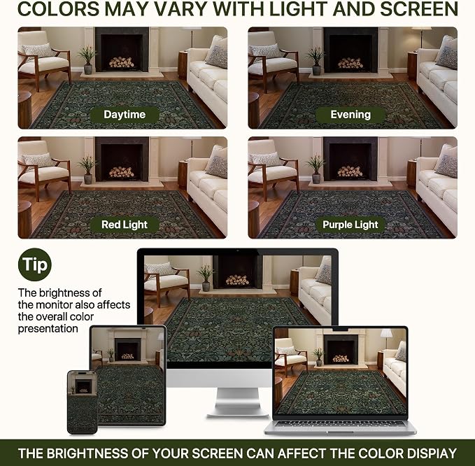 GENIMO 8x10 Washable Area Rugs for Living Room, Non Slip, Dark Green | Vintage Boho Floral Low Pile Thin Carpet for Bedroom, Dining Room, Nursery, Indoor Decor