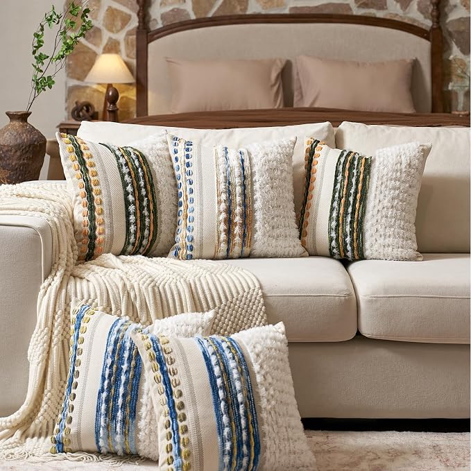 Aeckself Boho Chenille Tufted Throw Pillow Covers 18x18 Inch Set of 2, Farmhouse Decorative Striped Square Pillow Covers Accent Neutral Pillowcase for Living Room Couch Bed, Blue