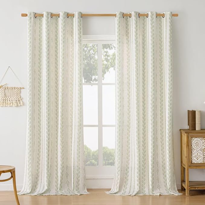 BGment Sage Green Curtains Spring Leaf Floral Print Cottage Core Botanical Curtains for Living Room Light Filtering Curtain 90 Inch Long for Farmhouse Rustic, Each 52 Inch Wide, 2 Panels Set