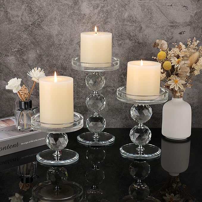OwnMy Crystal Glass Pillar Candlestick Holders Pillar Candle Holders Sets | Clear Glass Tealight Holders Votive Candle Stands, Set of 3 Modern Pillar Candle Centerpiece for Living Room Wedding Decors
