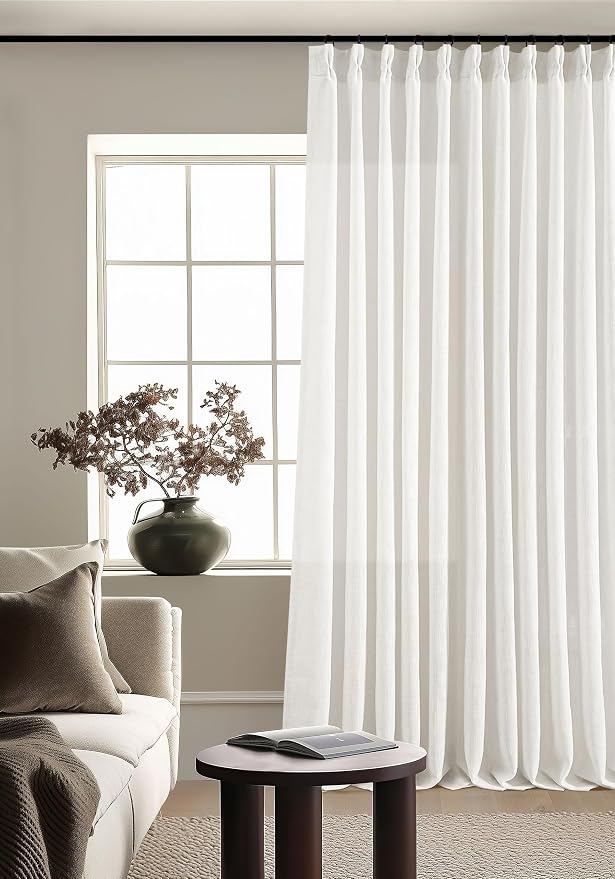 Beige White 70 Inch Wide Curtains 96 Inches Long for Living Room Light Filtering Semi Sheer Farmhouse Pleated Curtain with Hooks Rings for Patio Sliding Door Dining Room Large Window 1 Panel 70x96