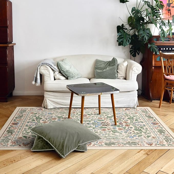 Floral Indoor Entrance 3x5 Area Rug, Washable Vintage Boho Entryway Rugs, Low Pile Non Slip Soft Carpet for Kitchen, Bedroom Beside, Laundry Room, Office Rug, Kids Room, Nursery Room, Beige Green