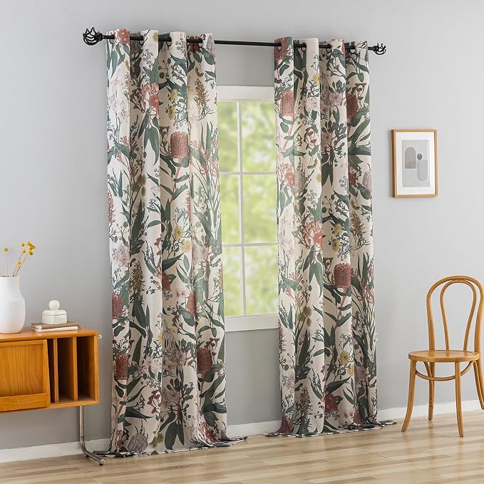 ALIGOGO Floral Print Curtains 108 Inches Long -Luxury Moody Decorative Curtains Two Pages for Balcony Sliding Glass Office, Extra Long Semi Sheer Linen Drapes Ceiling to Floor 9 FT, 50" W x 108" L