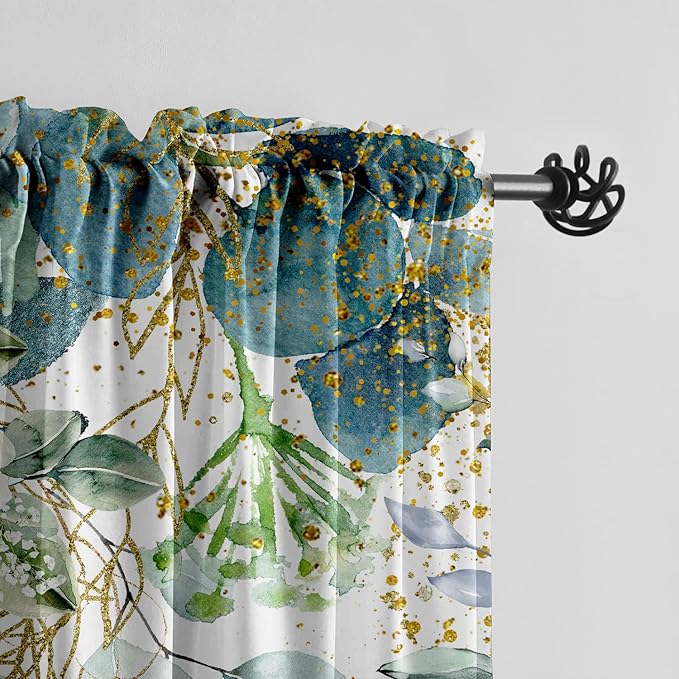 Gold Green Curtains for Living Room Blue Green Eucalyptus Leaves Light Filtering Curtains White Floral Drapes for Bedroom Botanical Farmhouse Leaf Wild Flower Printed Window Curtain 2 Panels 52X72Inch