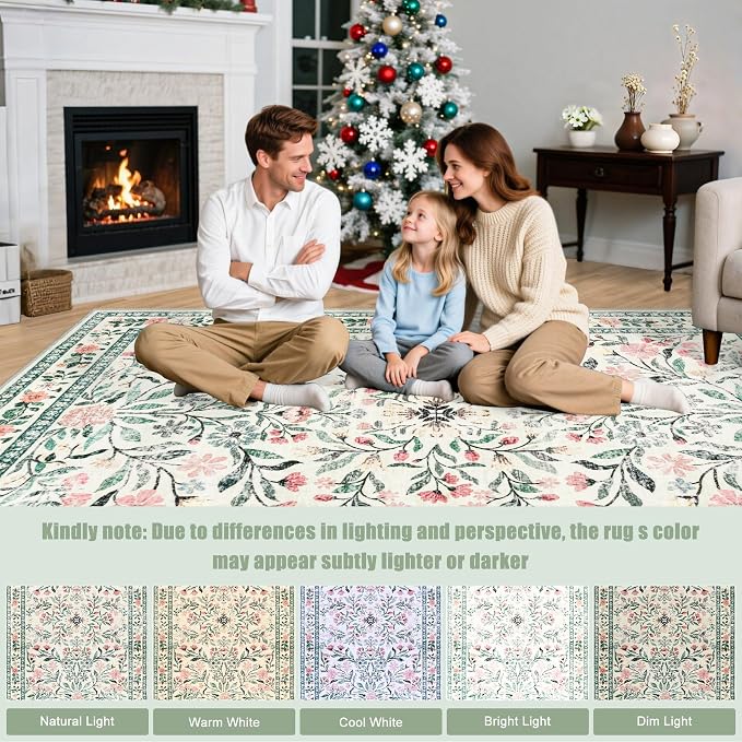 Runner Rug for Entryway: 3x10 Kitchen Rugs Floral Washable Rug Green/Beige | Ultra-Thin Non Slip Indoor Floor Carpet Stain Resistant Carpets for Hallway Bedroom Kitchen Laundry Bathroom Dorm Home Office