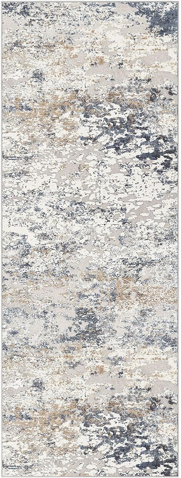 DMOYEST Washable Runner Rug for Hallway: 3x8 Neutral Modern Abstract Low Pile Area Rug with Non-Slip Backing - Carpet for Bedroom Kitchen Laundry Entryway Bathroom Indoor - Beige Blue