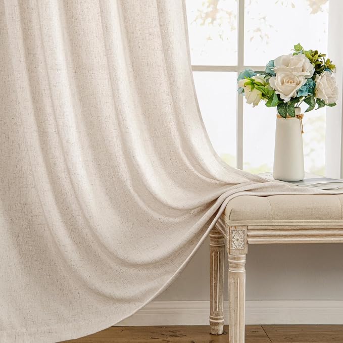 MIULEE Non-See-Through Privacy Linen Curtains 2 Panels, Light Filtering Window Curtains Farn House Textured Back Tab Semi Sheer Drapes for Bedroom Living Room, 52 x 90 Inches Long, Birch