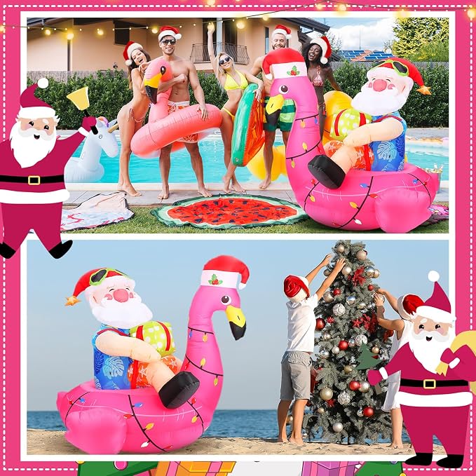 Hawaiian Christmas Santa on Flamingo Inflatable Decoration 5ft Tropical Santa Blow up Beach Christmas Inflatable Outdoor Decor with LED Light Xmas Flamingo Pool Floating for Outside Holiday Garden