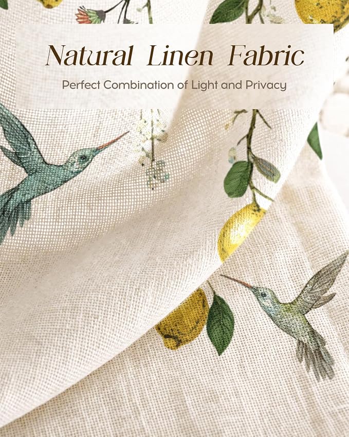 Miss Adola Farmhouse Kitchen Tier Curtains - 30 Inch Length Linen Blend Vintage Cafe Curtains Lemon Bird Small Window Treatments Over Sink Rod Pocket for Bathroom Living Room Light Filtering, 2 Panels