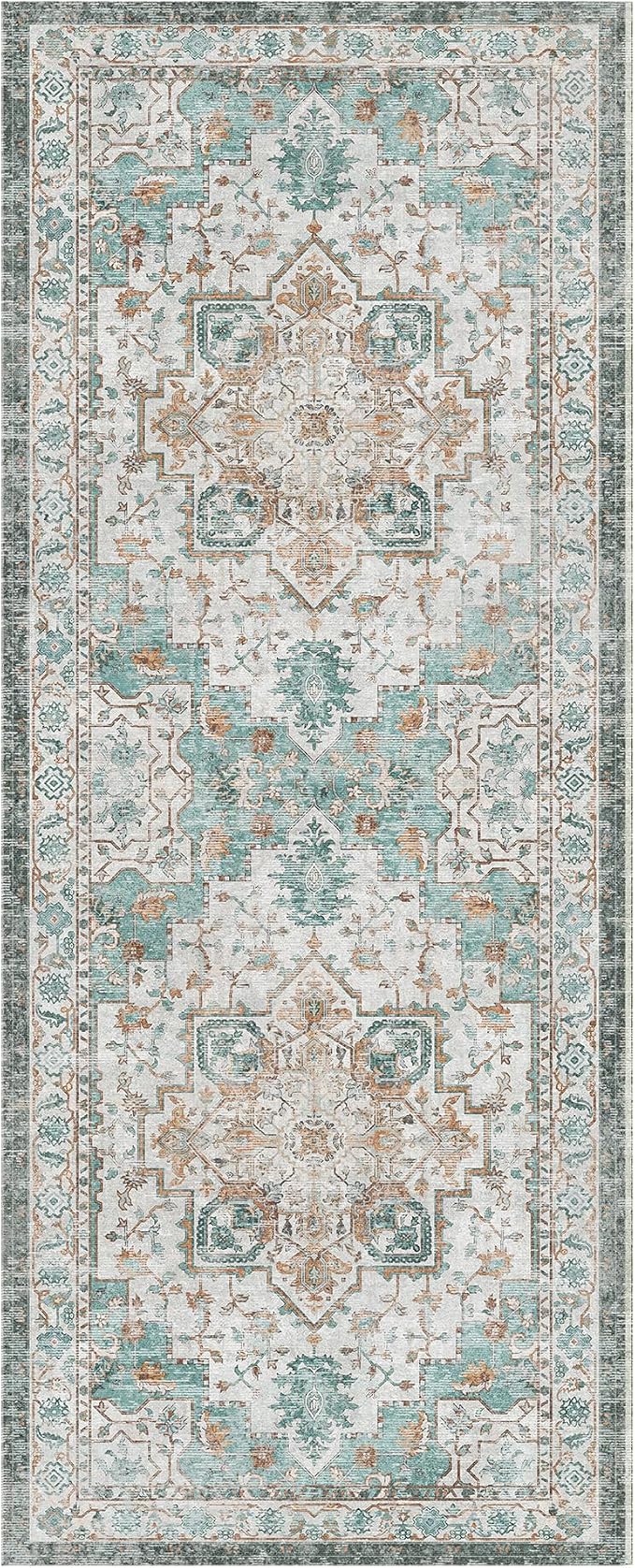 GENIMO 2x5 Runner Rugs for Hallway, Machine Washable Non Slip Vintage Rugs, Low Pile Lightweight Soft Print Rug for enrtyway, Corridor, Home Office, Kitchen, Cyan