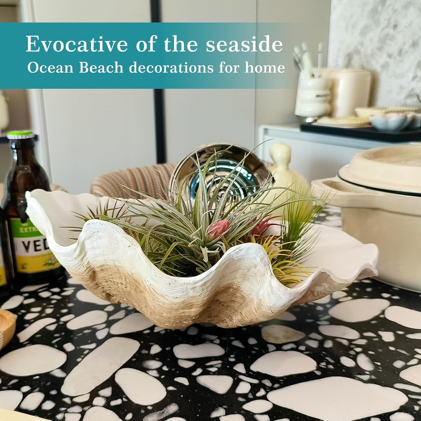 Extra Large Clam Shells Decorative Bowl Earth Tan Sea Shells Decorative Storage Bowls for Coastal Beach theme house table centerpiece decorations & Nautical decorations for coffee table -12.4"-1PC