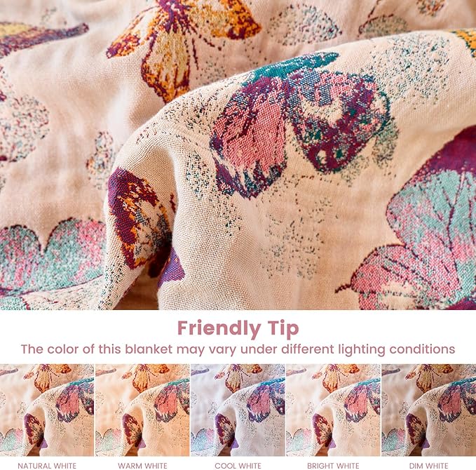 Boho Butterfly Throw Blanket 50"x60" Couch Blanket,100% Cotton Reversible Soft Breathable Lightweight Spring Decorative Blankets with Tassels for Sofa Bed Decor All Season