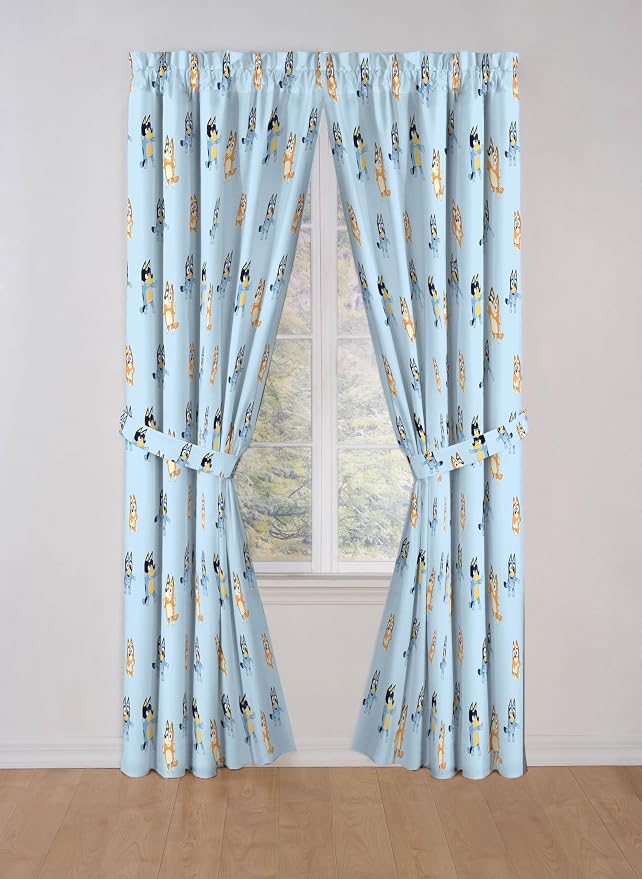 Jay Franco Window Curtains for Kids Bedroom 4-Piece Drape Set with 2 Tiebacks, Blue - Bluey & Bingo, 42" W x 84" L (Pack of 2)