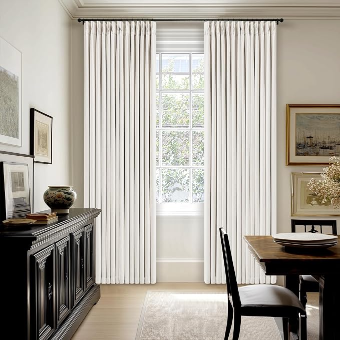 105 Inch Pinch Pleated Blackout Linen Curtains for Bedroom 2 Panels Memory Trained 100% Black Out Soundproof Room Darkening Ivory Beige Off White Window Curtains Double Layer Pinch Pleat Drapes