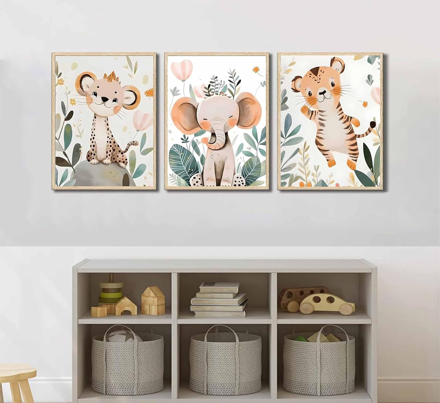 3 Pcs Safari Animals Nursery Canvas Wall Art Jungle Animals Cheetah Elephant Tiger Kids Room Illustration Pictures Wall Decor Posters Print Artwork for Classroom Boy's Girl's Room Bedroom