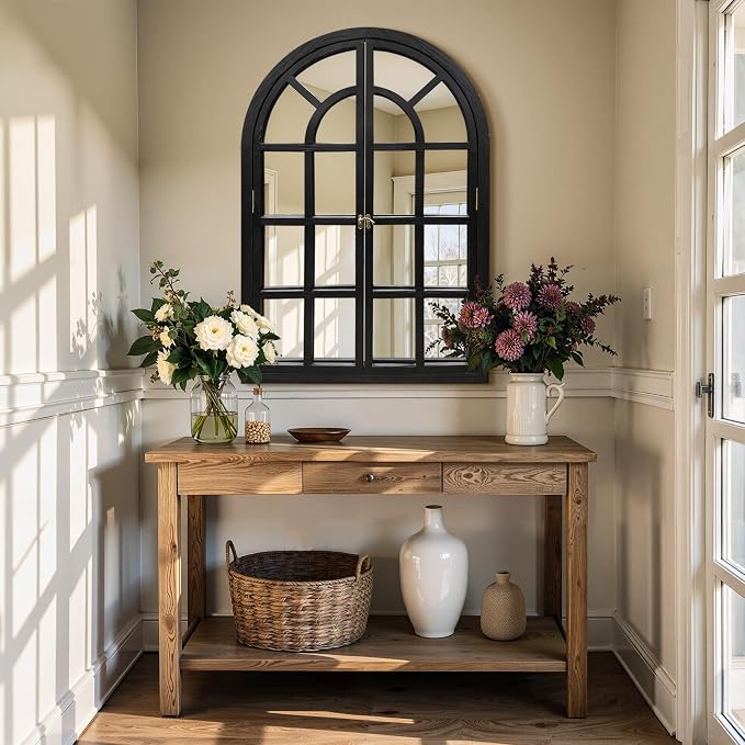 Arched Window Mirrors for Wall, Wooden Rustic Farmhouse Mirror for Wall Decor 28 x 40 Black, Decorative Wall Mirror Arch for Living Room, Bedroom, Bathroom, Fireplace, Farmhouse