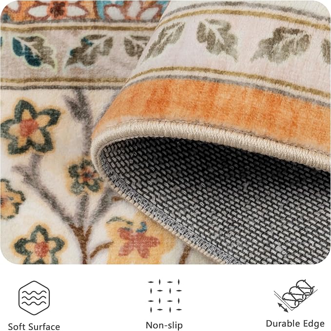8x10 Area Rugs, Machine Washable Low Pile Floral Rugs for Living Room, Bedroom, Large Boho Area Rug with Non-Slip Backing for Dining Room(Orange Floral)
