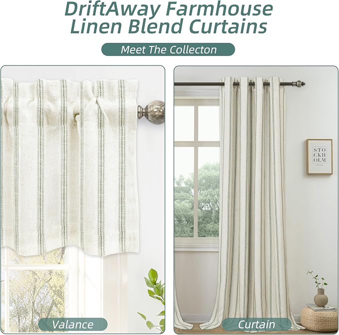 DriftAway Farmhouse Linen Lined Valance Double Layer Thermal Insulated Room Darkening Blackout Window Valances 3 Inch Rod Pocket Vertical Striped Kitchen Valance Single 52 Inch by 24 Inch Loden Green