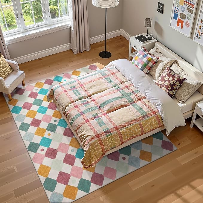 jinchan Macy 6x9 Kids Area Rug for Classroom Modern Colorful Nursery Rug Checkered Diamond Play Mat Washable Soft Non Slip Carpet for Playroom Living Room Bedroom Daycare Confetti on Cream