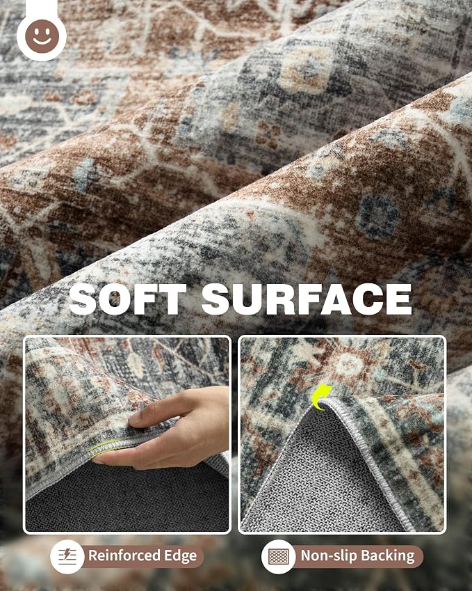 Roxstand 9ft Round Washable Area Rug, Non Slip Rug, Grey/Brown/Tan | Large Round Rug, Vintage, Non-slip Backing, Low-Pile Carpet, Stain Resistant, Rugs for Living Room Bedroom Dining Room