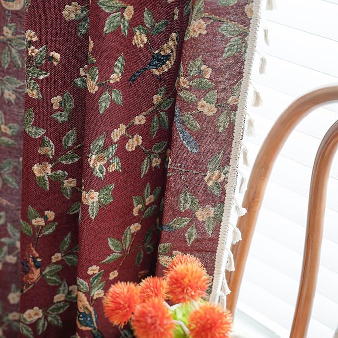 ENJOYBRIDAL Floral 63 Inch Curtains for Living Room Maroon Drapes Bird Pattern Jacquard Short Window Curtain Panels Rod Pocket Bedroom Farmhouse Boho Tassel Semi Blackout 2 Panels Window Treatments