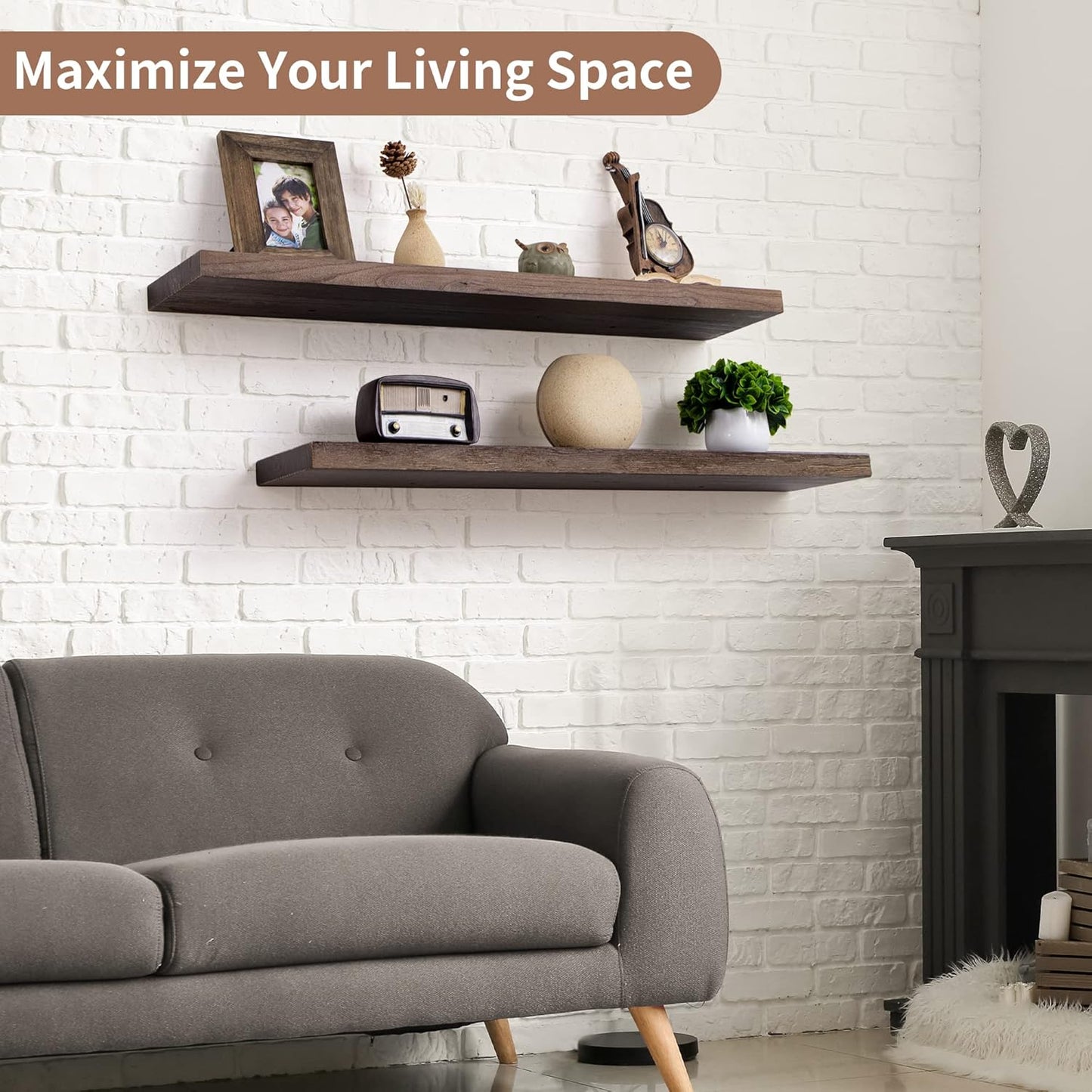 Axeman Floating Shelves for Wall, 8 Inch Deep Rustic Solid Elm Wood Wall Shelves for Storage, Wall Mounted Display Shelving with Invisible Heavy-Duty Metal Bracket, 36'' Width Set of 2, Walnut