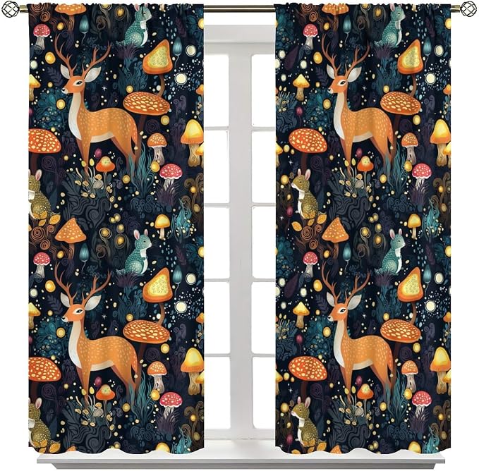 Fantasy Plant Semi Sheer Curtains,Cute Woodland Deer Forest Animal Floral Mushroom Print Window Treatments for Bedroom Living Room Study Window Drapes 2 Panels Set,Total Size 42 x 45 Inch
