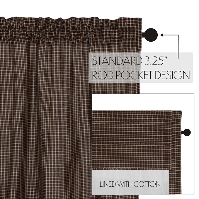VHC Brands Kettle Grove Window Curtain, Plaid Valance Scalloped, Black, 16x60