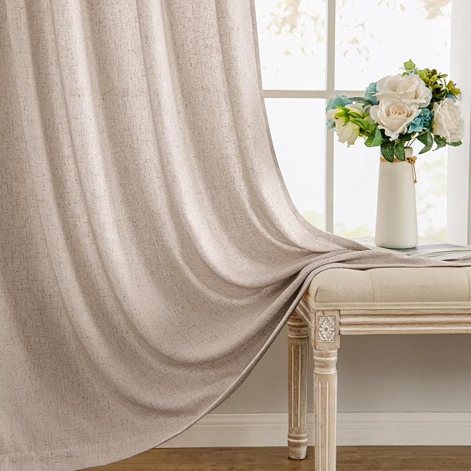 MIULEE Non-See-Through Privacy Linen Curtains 2 Panels, Light Filtering Window Curtains Farn House Textured Back Tab Semi Sheer Drapes for Bedroom Living Room, 52 x 90 Inches Long, Burlywood