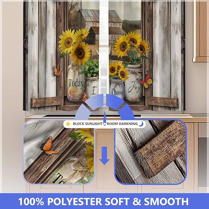Aimego Wood Sunflower Kitchen Curtains - Retro Cafe Country Small Short Tier Window Curtains for Bathroom Living Room Decor Rod Pocket Window Drapes 36 Inch Length Set 28"x36"