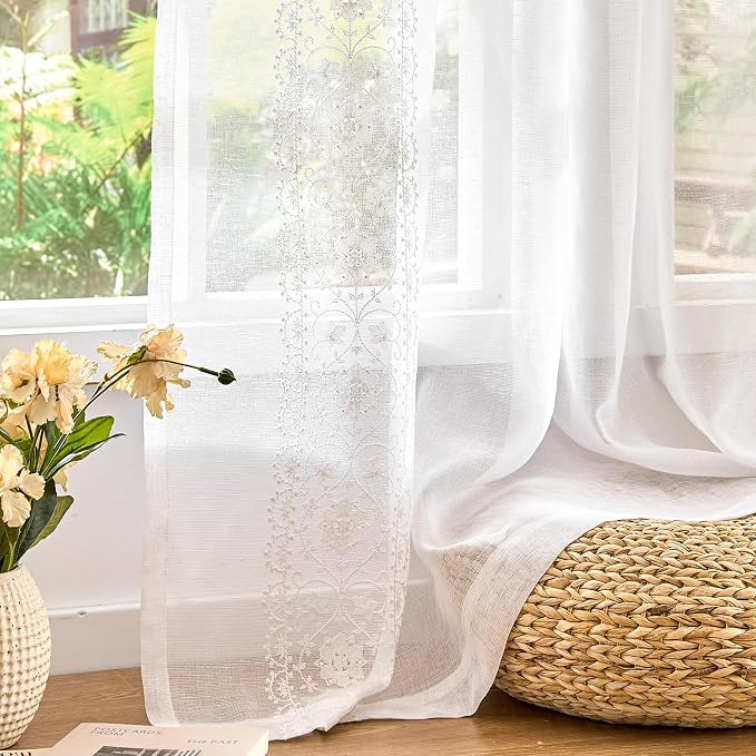 jinchan Weslie Floral White Sheer Curtains for Living Room 84 Inch Long Embroidered Voile Farmhouse Linen Curtains for Bedroom Bordered Flower Patterned Cottage Core Window Drapes 2 Panels Off White