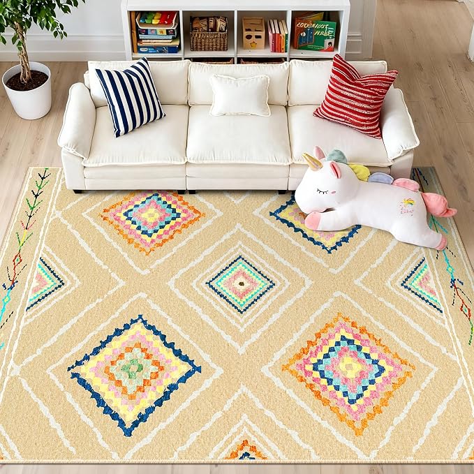Area Rug 5x7 Rug Machine Washable Non-Slip Low Pile Print Pattern Western Rug for Living Room Bedroom Entryway Tribal Series -Cream/Beige