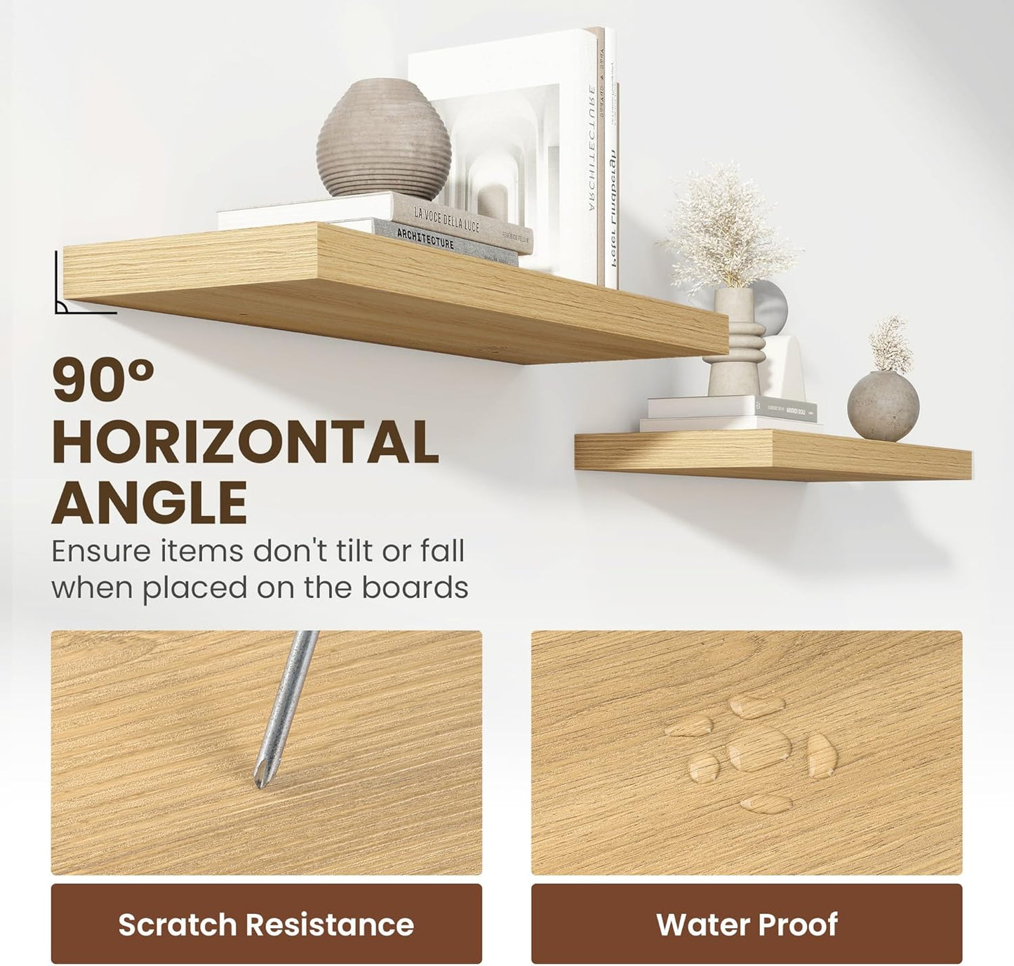 24 Inch Floating Shelves, 11.6 Inch Deep Floating Shelves for Wall, Floating Shelf with Invisible Brackets, Deep Shelves for Bathroom, Bedroom, Living Room, 2 Pack, Natural