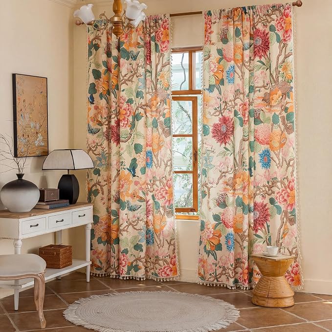 OYX Boho Floral Curtains 96 Inch, Linen Farmhouse Flower Drapes with Lace & Tassels, Light Filtering Semi Sheer Curtains for Living Room Bedroom, 2 Panels