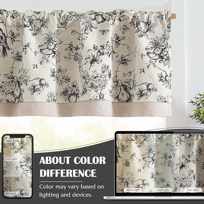 jinchan Linen Valance Curtain for 16 Inch Rustic Farmhouse Country Windows for Living Room Bedroom Bathroom Room Darkening Rod Pocket 1 Panel Black on White