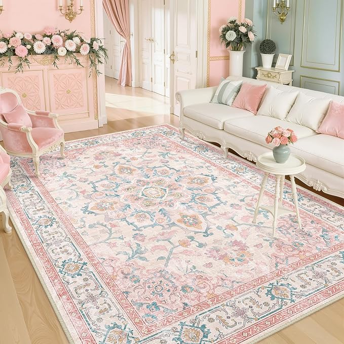 CAPALOCA Machine Washable Rugs Nursery Rug 5x8 Cute Girl Non Slip Low Pile Water Repellent Soft Print Pattern for Bedroom Indoor Decor Kids Playroom Pink Teal