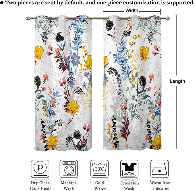 Renaiss Botanical Plants Blackout Curtains, Wild Flowers Plants Print Thermal Insulated Bedroom Window Curtains, Boho Floral Window Curtains for Kitchen, 45" L x 29" W 2 Panel Set