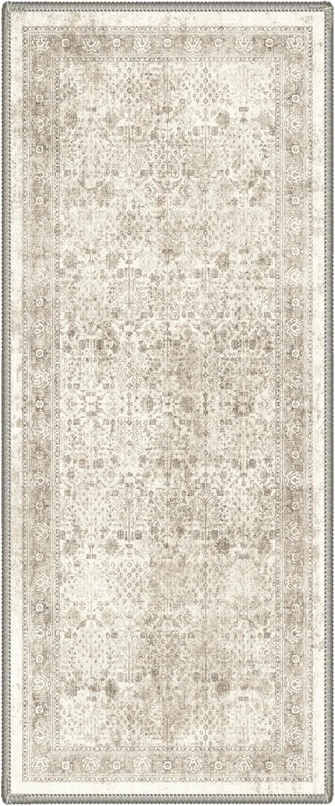 Bavni 2x5 Rug Runners for Hallways, Machine Washable Runner Rug Non Slip, Vintage Floral Print Style Rugs for Bedroom-Lightweight Low Pile Carpet for Hallways Bathroom, Beige
