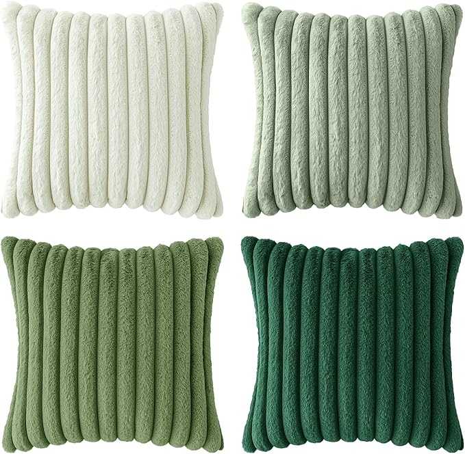 MIULEE Faux Fur Plush Decorative Throw Pillow Covers 18x18 Set of 4, Spring Modern Soft Fuzzy Striped Cushion Covers for Sofa Couch Bed Living Room Cozy Home Decor,Green