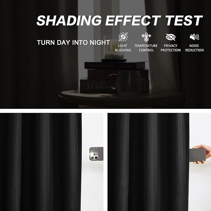 Black Linen Pinch Pleated Blackout Curtains & Drapes 105 Inch Long 2 Panel Sets, Accordion Style Track Room Darkening Thermal Insulated Curtains with Hooks Back Tab 50 by 105 Inch