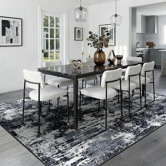 RELEANY Washable Area Rugs 9'x12' Non-Slip Modern Abstract Soft for Living Room Entryway Bedroom Kitchen, Print Pattern, Black Navy Blue Gray
