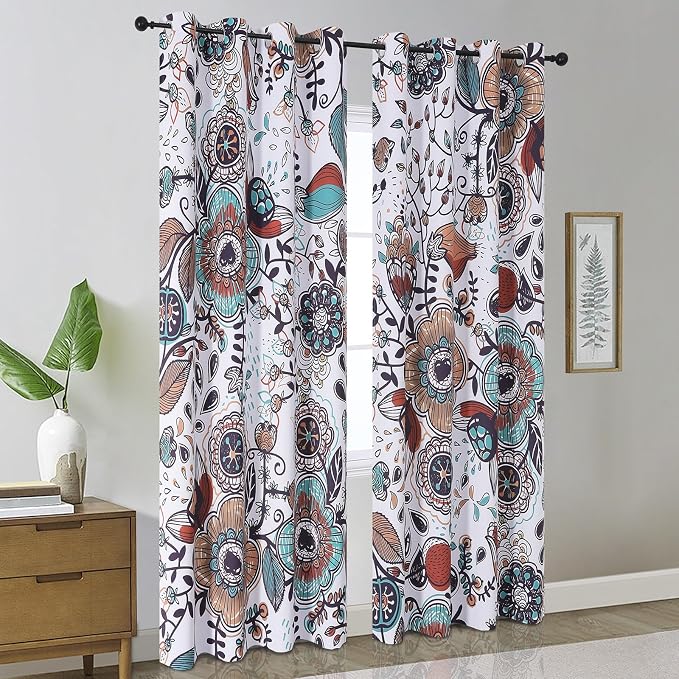Estelar Textiler White Boho Abstract Vintage Floral Curtains 84 Inch Long for Bedroom,Colorful Flowers Pattern Classic Design Room Darkening Window Grommet Drapes for Living Room,52Wx84L,2 Panels