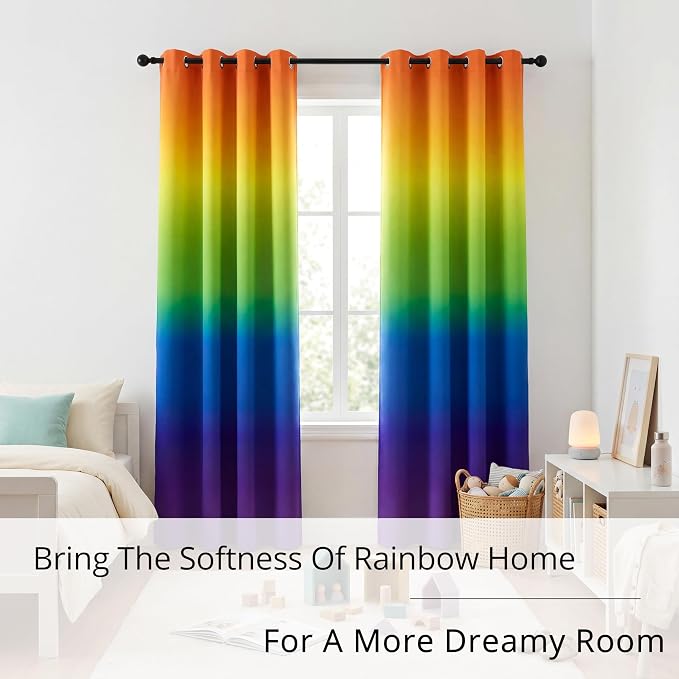 Rainbow Gradient Blackout Curtains - 100% Blackout, Thermal Insulated Noise Reducing Drapes, for Dreamy Grils Room, 2 Panels, Each W52xL84