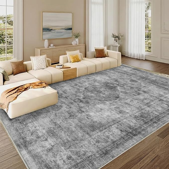 10x14 Area Rug for Living Room-Vintage Farmhouse Boho Floral Washable Stain Resistant Indoor Carpet for Bedroom Office and Home Decor(Ashen Black)