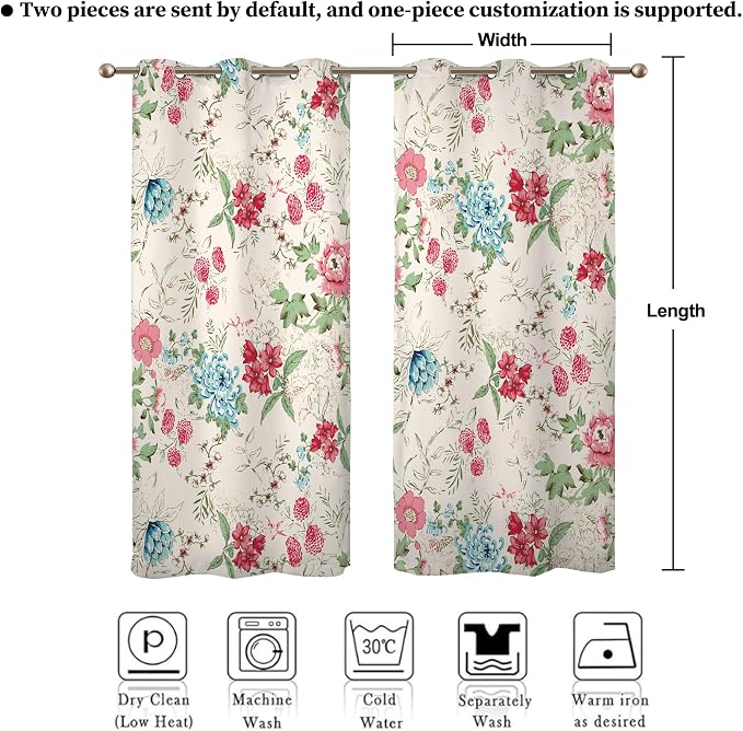 Renaiss Boho Flower Blackout Curtains Wild Blue Pink Floral Thermal Insulated Window Drapes for Bedroom 42W x 63L inches 2 Panel Set Beige Window Curtain Panels for Living Room