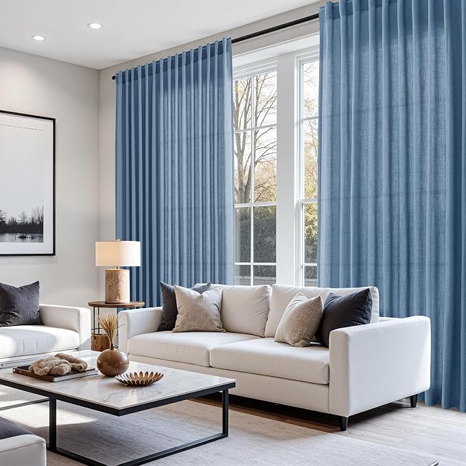 Extra Long Curtains 102 Inches for Living Room/Bedroom Stone Blue Back Tab Rod Pocket Light Filtering Semi Sheer Drapes Cotton Linen Textured Window Curtain 102 Inch for Bedroom 9 FT,2 Panels